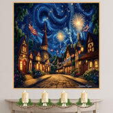 4th of July Fireworks & Flags Village Scene – Decorative Patriotic Art on Ready to Hang 1.5" Thick Canvas Wrap, Floating Framed Canvas, Flat Rolled Canvas